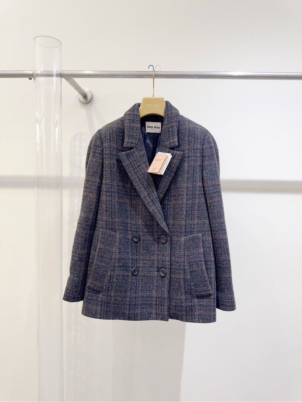 Miu Miu Grey & Navy Plaid Double-Breasted Wool Blazer